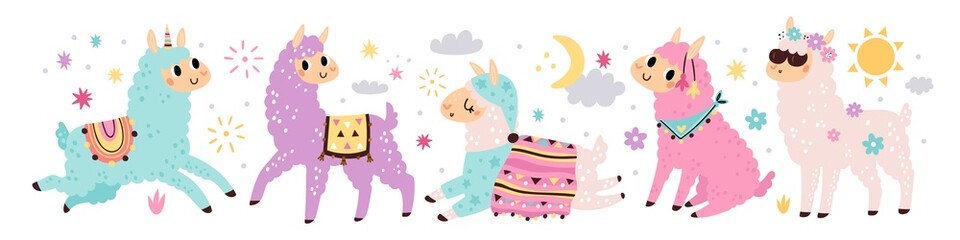 Cute llamas. Funny smiling characters, fluffy colorful alpacas with patterned blankets, pretty animals and clouds, cartoon kawaii camels, childish decor collection, vector isolated set © VectorBum