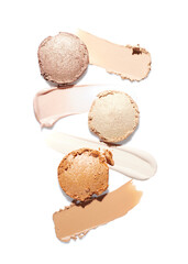 Liquid makeup highlighter, concealer and tone foundation with eye shadow isolated on white...