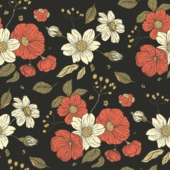 Vintage floral daisy and rose boho seamless pattern. Ornate garden art