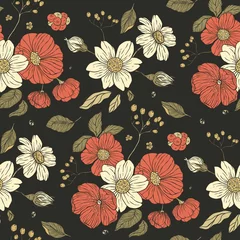 Behang Boho stijl Vintage bloemen madeliefje en rose boho naadloos patroon. Sierlijke tuinkunst