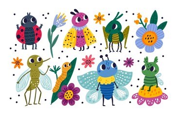 Funny bugs. Colorful insects characters. Nature creations. Cute beetles. Grasshopper and ladybug. Caterpillar on leaf. Butterfly and mosquito. Midge on flower. Vector small animals set
