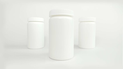 White bottle mock up with scattered yellow vitamins on white background. Yellow capsules with fish fat, omega 3 or vitamin D. Blank bottle. Selective focus with depth of field.