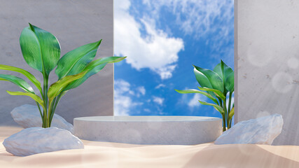 concrete podium with tropical plant summer concept for product display.