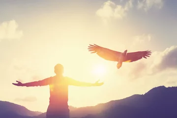 Foto op Canvas Man raise hand up on top of mountain and sunset sky with eagle birds fly abstract background. © tonktiti