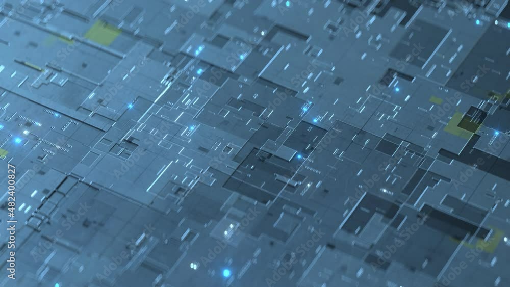 Poster blue high tech printed board. abstract futuristic technology background. seamless loop 3d render ani