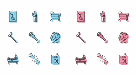 Set line Patient with broken leg, Human bone, Separated toilet for disabled, Press the SOS button, Prosthesis, Hearing aid, Walking stick cane and arm icon. Vector