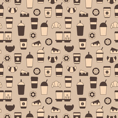 Vector seamless pattern of cups of coffee, drinks, cakes, croissants and donuts. Illustration on the theme of food, coffee and sweets. Abstract background of icons of cups of coffee, tea, dessert