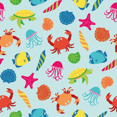 vector pattern of the sea for children, with inhabitants of the sea, shells. cute and bright