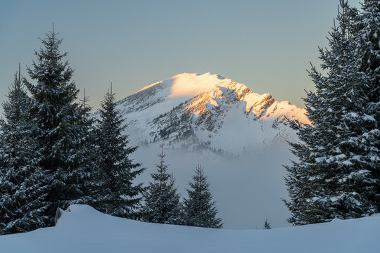 Mountain Iseler at sunrise with fresh snow in the winter, tyrol austria