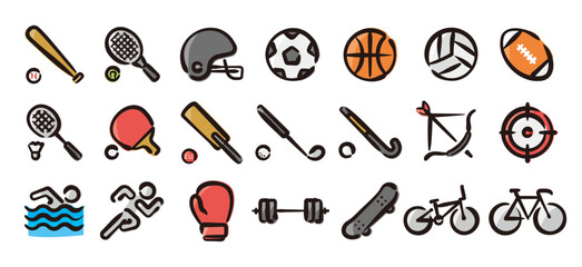 Sports icon set for graphic (Hand-drawn line, colored version)