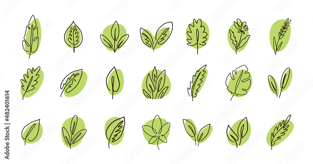 Poster leaves and herb icon set. continuous line symbol for agriculture, healthy product or organic cosmeti