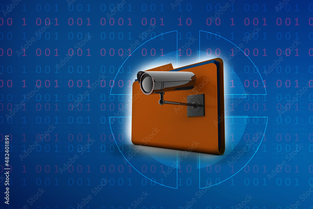 Poster 3d rendering surveillance cctv security camera with folder