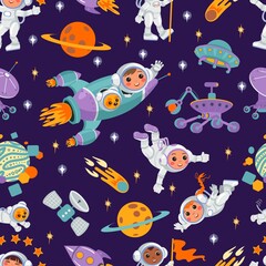 Obraz na płótnie Canvas Space elements seamless pattern. Happy children in spacesuits. Astronauts in zero gravity. Planets and stars. Cosmic ships. Moon rover and satellite. Galaxy explorers. Vector background