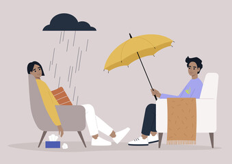 A psychotherapy session, a patient sitting under the rain cloud, a specialist giving them an umbrella