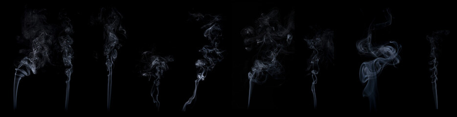 Set of white smoke on black background. Collection of spinning movement of group of white smoke,...