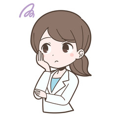 白衣姿で悩む若い女性