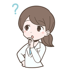 白衣姿で疑問をもつ若い女性