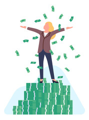 Woman standing on big money pile. Happy person. Good fortune concept