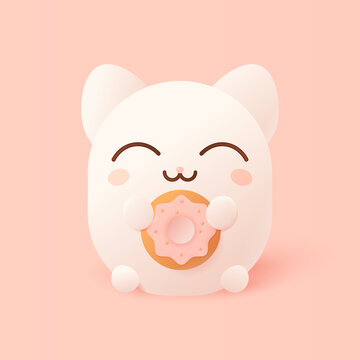 Cute voluminous cat in Asian style. Cartoon pet with a donut. Gentle square illustration with 3d character. White animal on a pink background with sweets.