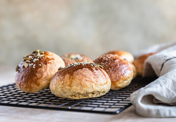 Fresh homemade pumpkin buns with brown sugar or seeds, concrete background.