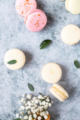 French assorted macarons pastel colors with gypsophila flowers on grey concrete background. Top view.