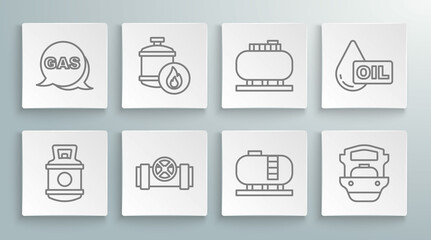 Set line Propane gas tank, Metallic pipes and valve, Oil storage, tanker ship, drop and Location station icon. Vector