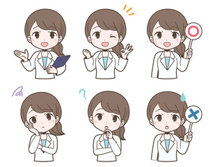 白衣姿の若い女性の表情セット