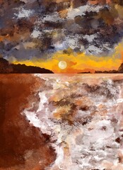 Boho Sea Beach with Waves and Sunset Print. Abstract Background. Bohemian printable wall art, boho poster, pastel abstract art, landscape drawing, sea painting. Hand Drawn Effect