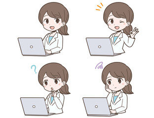 白衣姿でPCを操作する若い女性の表情セット