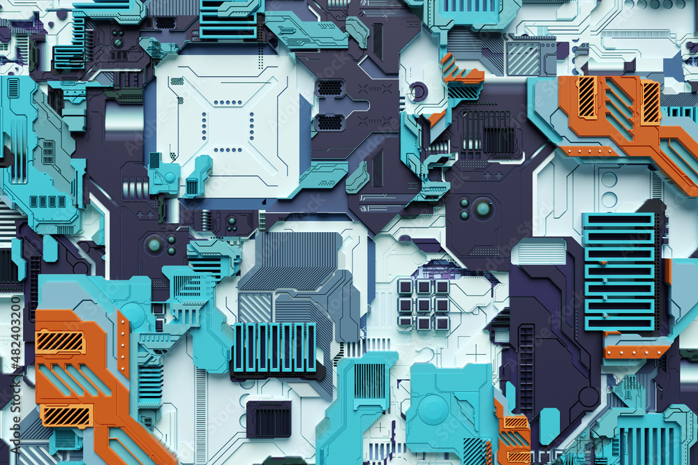 Poster 3d illustration of a pattern in the form of a metal, technological plating of a spaceship or a robot