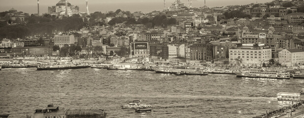 Night aerial view of Istanbul cityscape and bridges over the city river, Turkey.