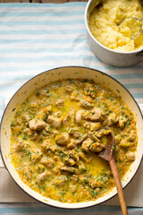 Pork loin with vegetables in creamy dill sauce 