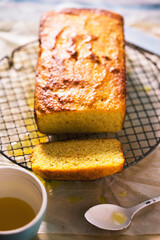 Orange polenta cake with almond flour and orange syrup - 482403297