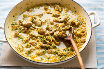 Pork loin with vegetables in creamy dill sauce 