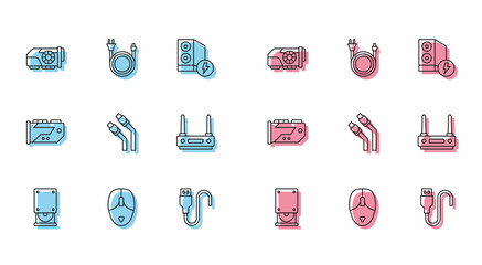 Set line Optical disc drive, Computer mouse, Video graphic card, USB cable cord, LAN network internet, Router and wi-fi signal, and Electric plug icon. Vector