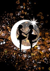 Sisters holding hands. Anime silhouette art photo manipulation