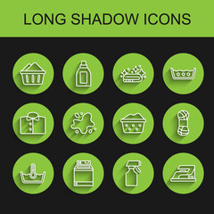 Set line Temperature wash, Washer, Basin with soap suds, Water spray bottle, Electric iron, spill, Yarn and icon. Vector