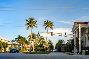 Fototapeta na wymiar Green Traffic Sign at Palm Beach, Florida, taken in December, 2018