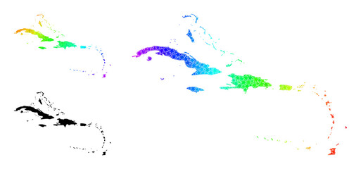 Rainbow gradiented star collage map of Caribbean Islands. Vector colorful map of Caribbean Islands with rainbow gradients.