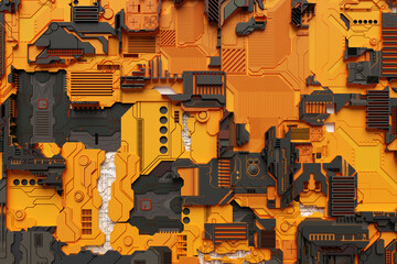 3D illustration of the Close up of the black and orange  cyber armor on neon lights. Abstract Graphics in the style of computer games.