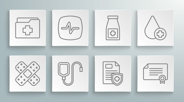Set line Crossed bandage plaster, Heart rate, IV bag, Patient record, Certificate template, Medicine bottle pills, Donate drop blood and icon. Vector