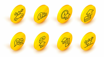 Set line Real estate, House contract, with dollar, Price negotiation, Credit card, Time is money, Car rental and sharing icon. Vector