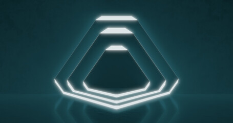 3d rendering. Abstract composition of geometric shapes in a bright room with neon lighting. A podium for your mockup.