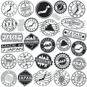 Hiroshima Japan Set of Stamps. Travel Stamp. Made In Product. Design Seals Old Style Insignia.