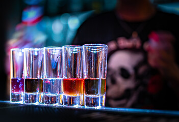 collection of colorful shots. Set of cocktails at the bar