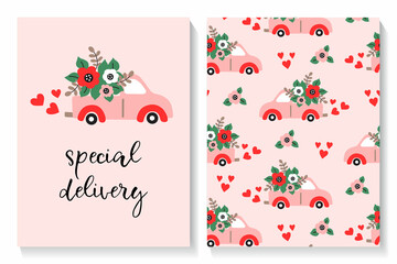 Set of Valentines card and seamless pattern with cute car, heart and flowers
