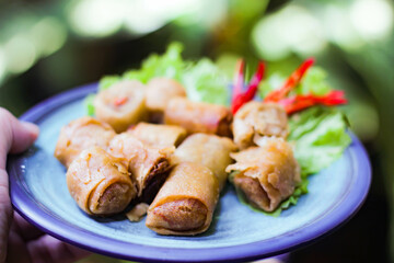 Deep fried spring rolls in blue plates with vegetables, chili and dipping sauce (Chinese food)