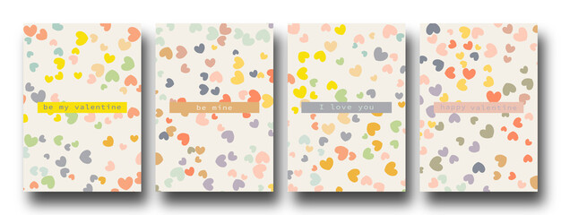 Ornate Happy Valentine's day cards with hearts and textes, simple and minimal with a copy space. Universal modern artistic templates.