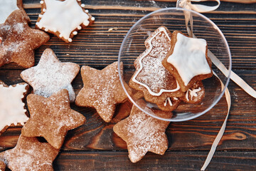 Cookies and sphere object. Christmas background with holiday decoration