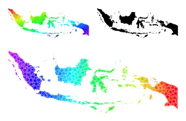 Rainbow gradiented star collage map of Indonesia. Vector colorful map of Indonesia with rainbow gradients. Mosaic map of Indonesia collage is made from scattered color star items.